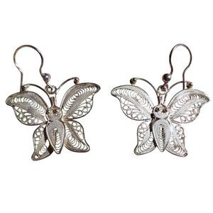Vintage Bali Filigree Large Sterling Silver Butterfly Dangle Earrings